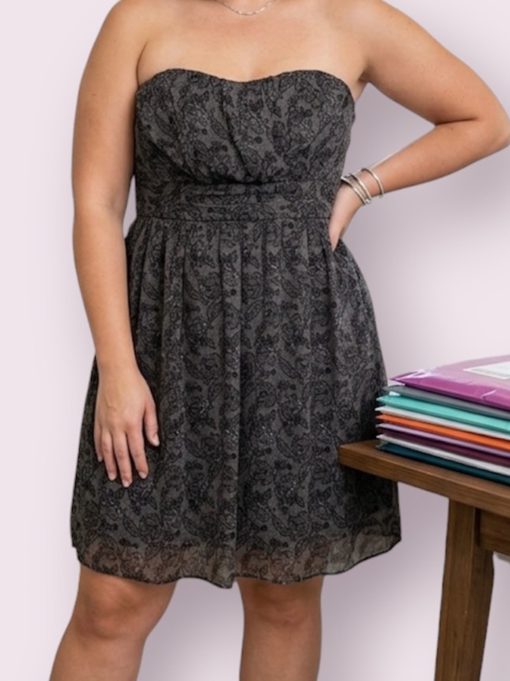 Torrid Strapless Chiffon Dress Gray & Black Lacy Floral Print Smocked Size 2X